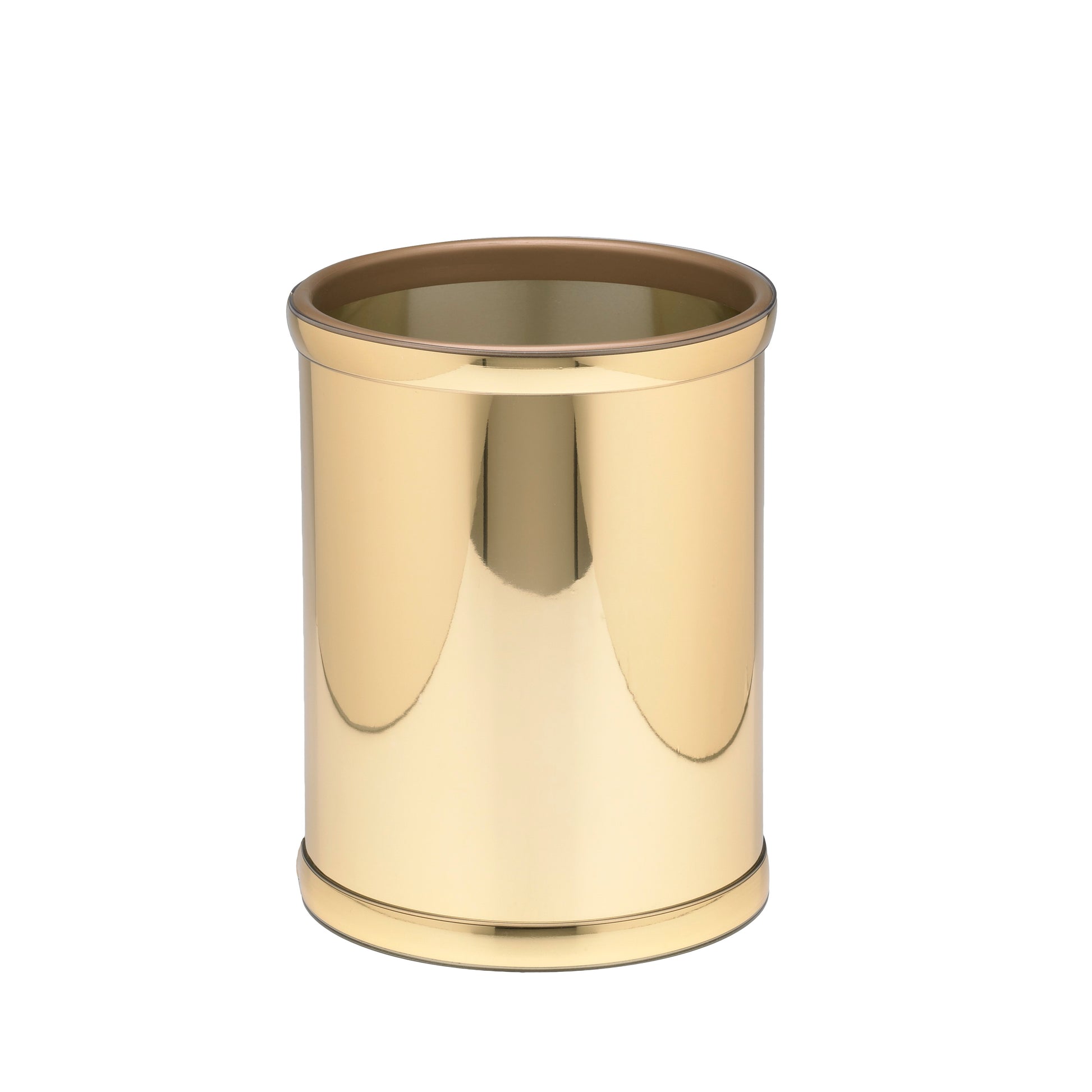 Polished Gold | Modern 8qt round bathroom wastebasket with shiny gold bumpers.