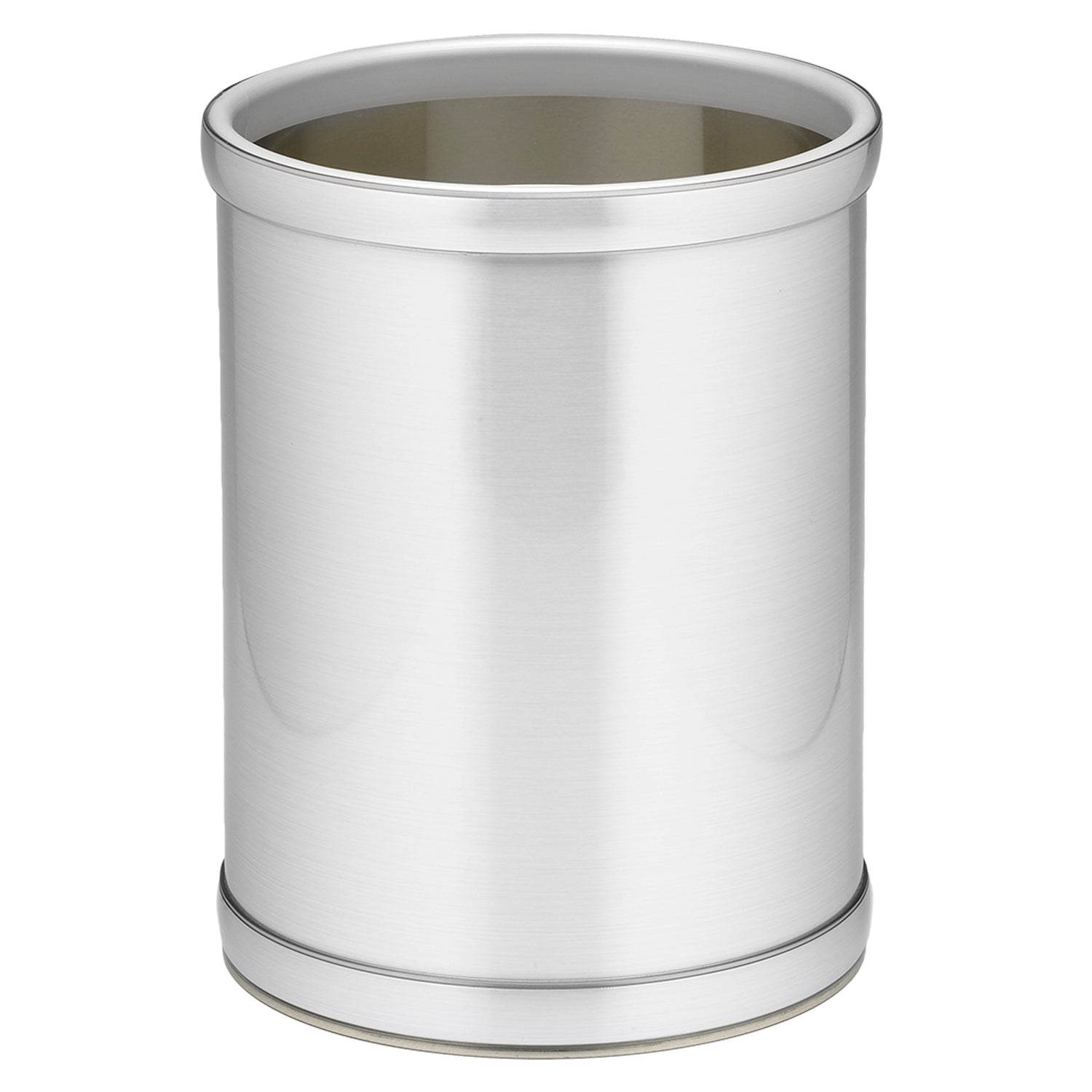 Brushed Chrome | Mylar 8qt round wastebasket with a sleek finish and brushed chrome bumpers.
