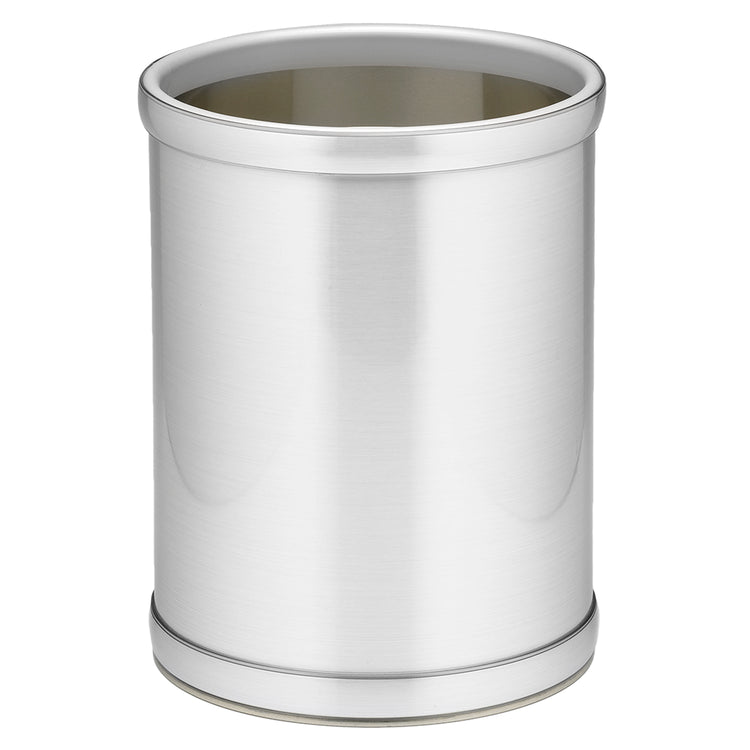 Brushed Chrome | Mylar 8qt round wastebasket with a sleek finish and brushed chrome bumpers.