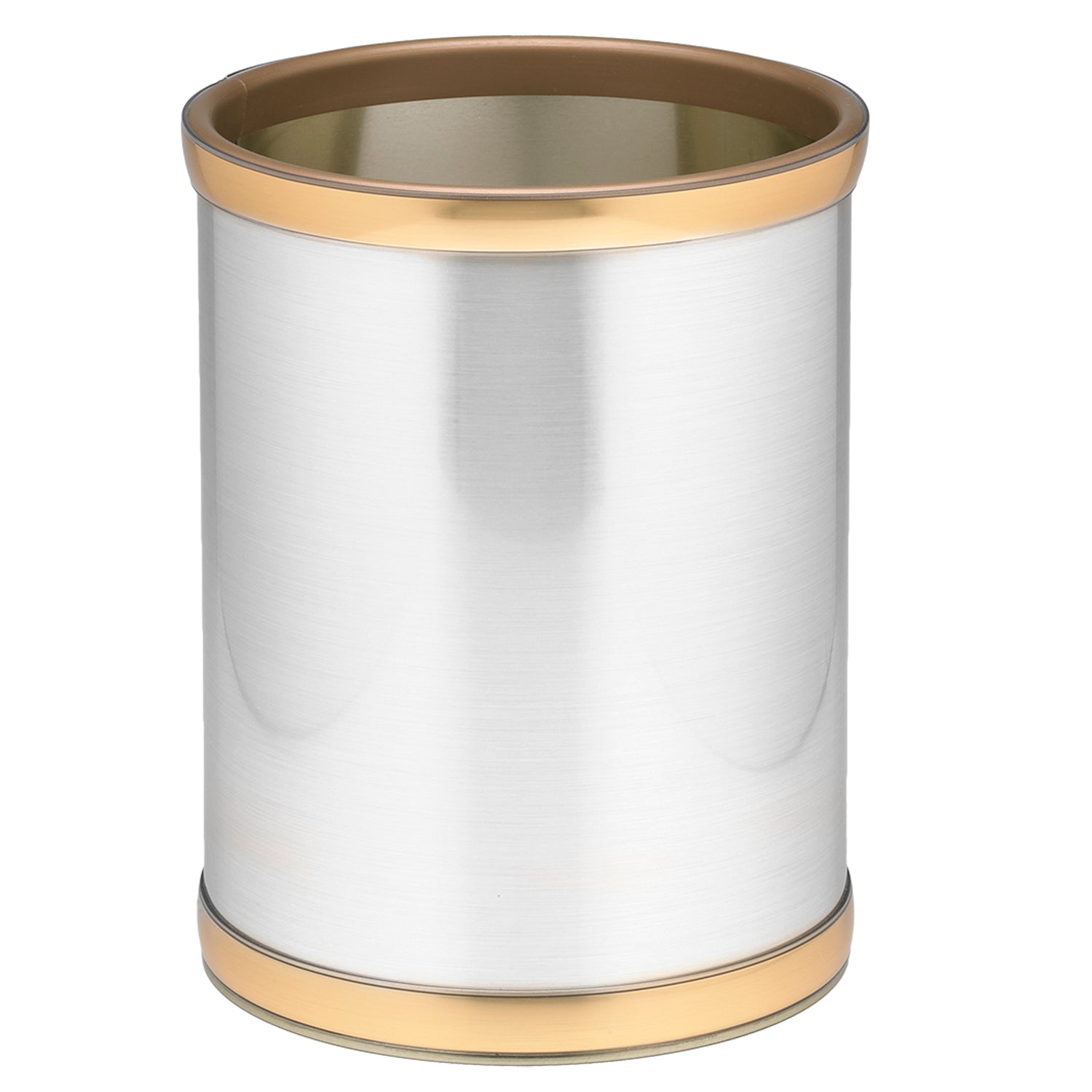 Brushed Chrome & Gold | Brushed silver Mylar round wastebasket with gold bumpers.