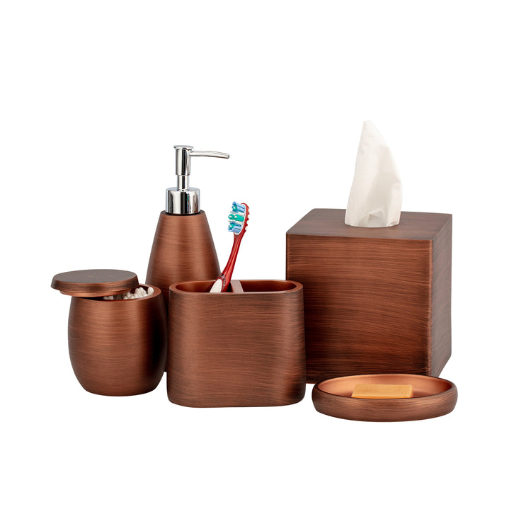 Oil Rubbed Bronze | Taniya Nayak bath accessory set with brush stroke design including soap dish, lotion pump, and more.
