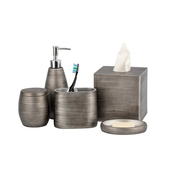 Silver | Stylish Taniya Nayak five-piece brush stroke metallic bathroom accessory set.