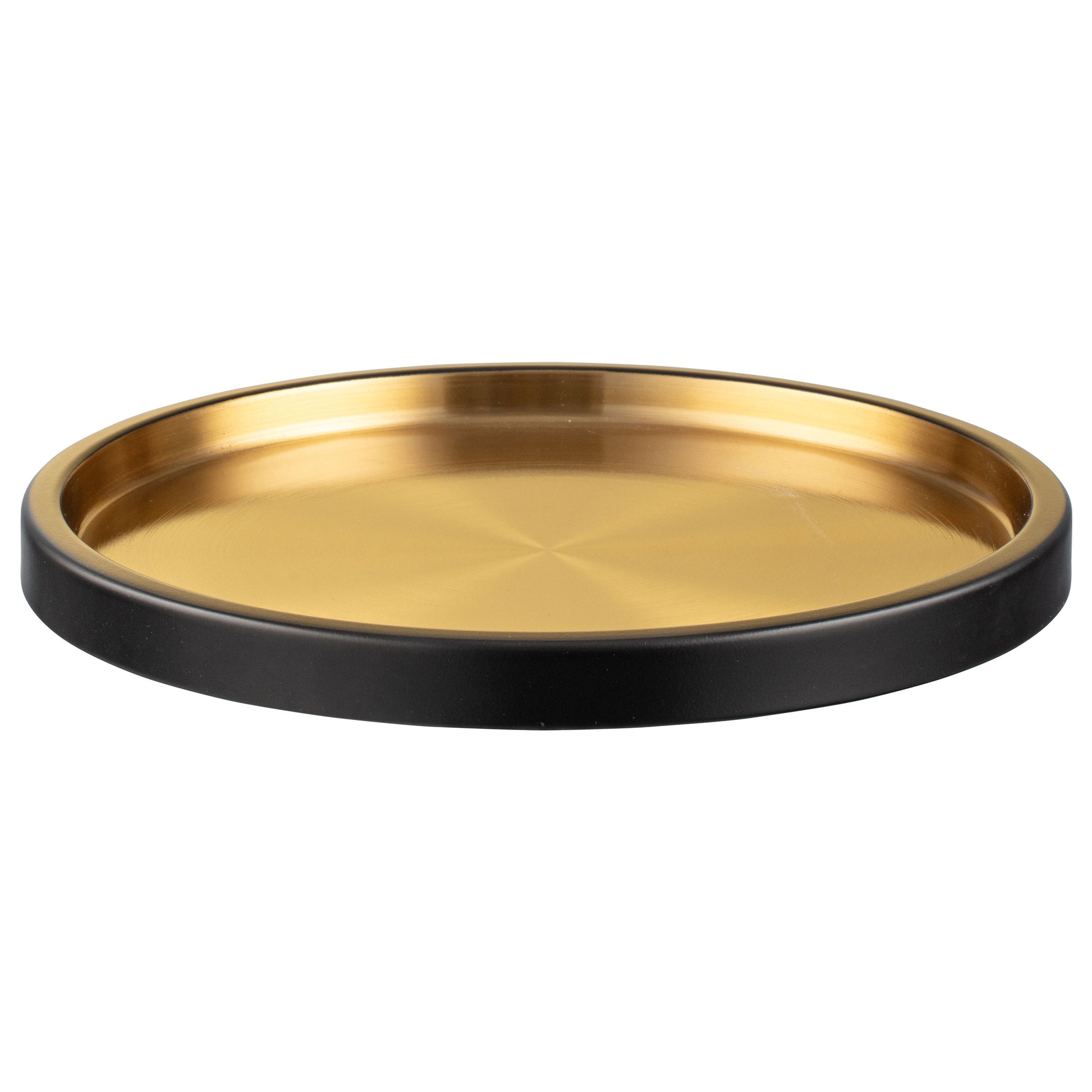 Black & Gold | 14" elegant black and gold serving tray front view to see the rim.