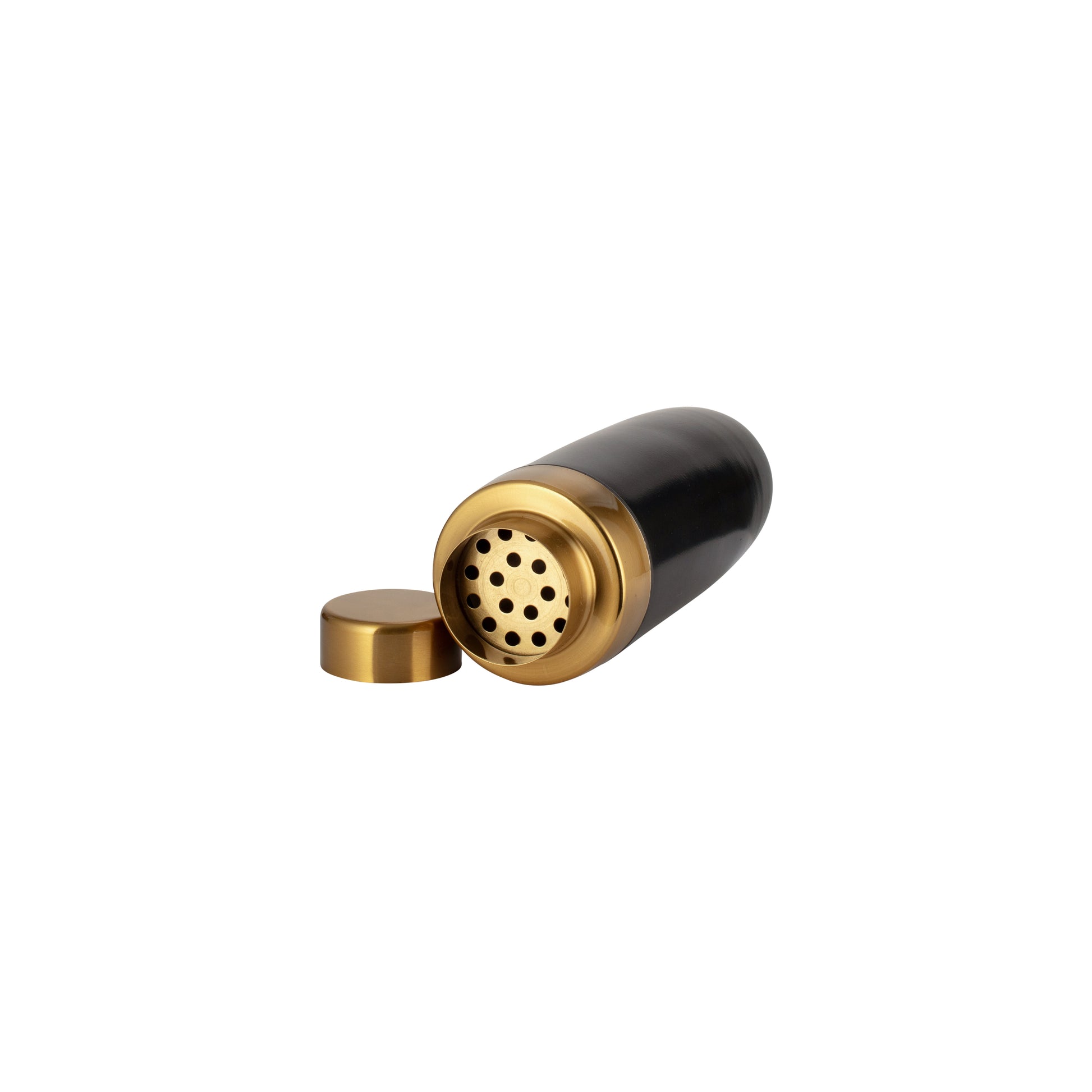 Black & Gold | Cocktail shaker lying down to see the strainer holes and cap off.