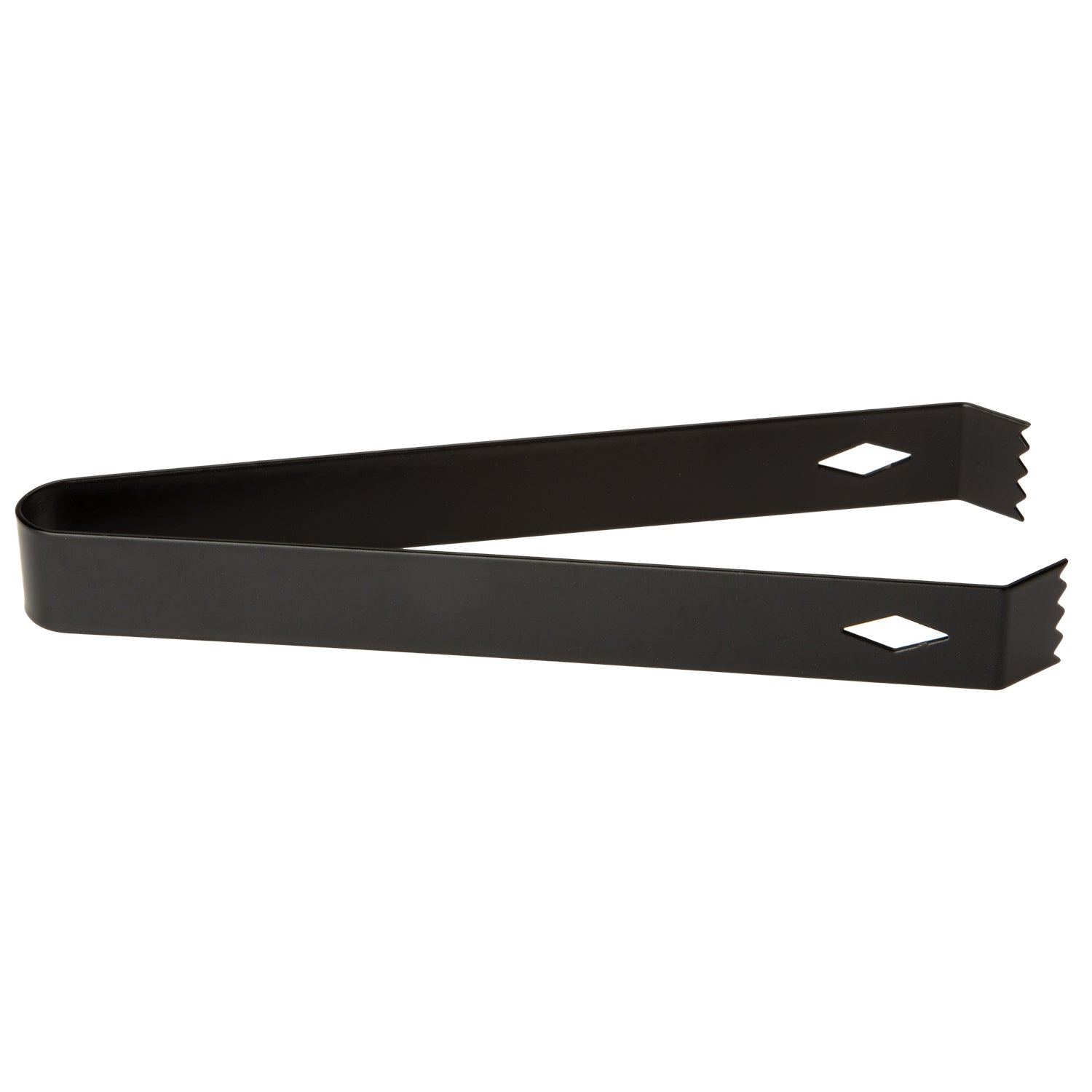 Black | Metal ice tong lying flat on a white background.