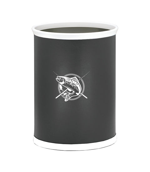 Black | cylindrical container with white fish decal in the center.