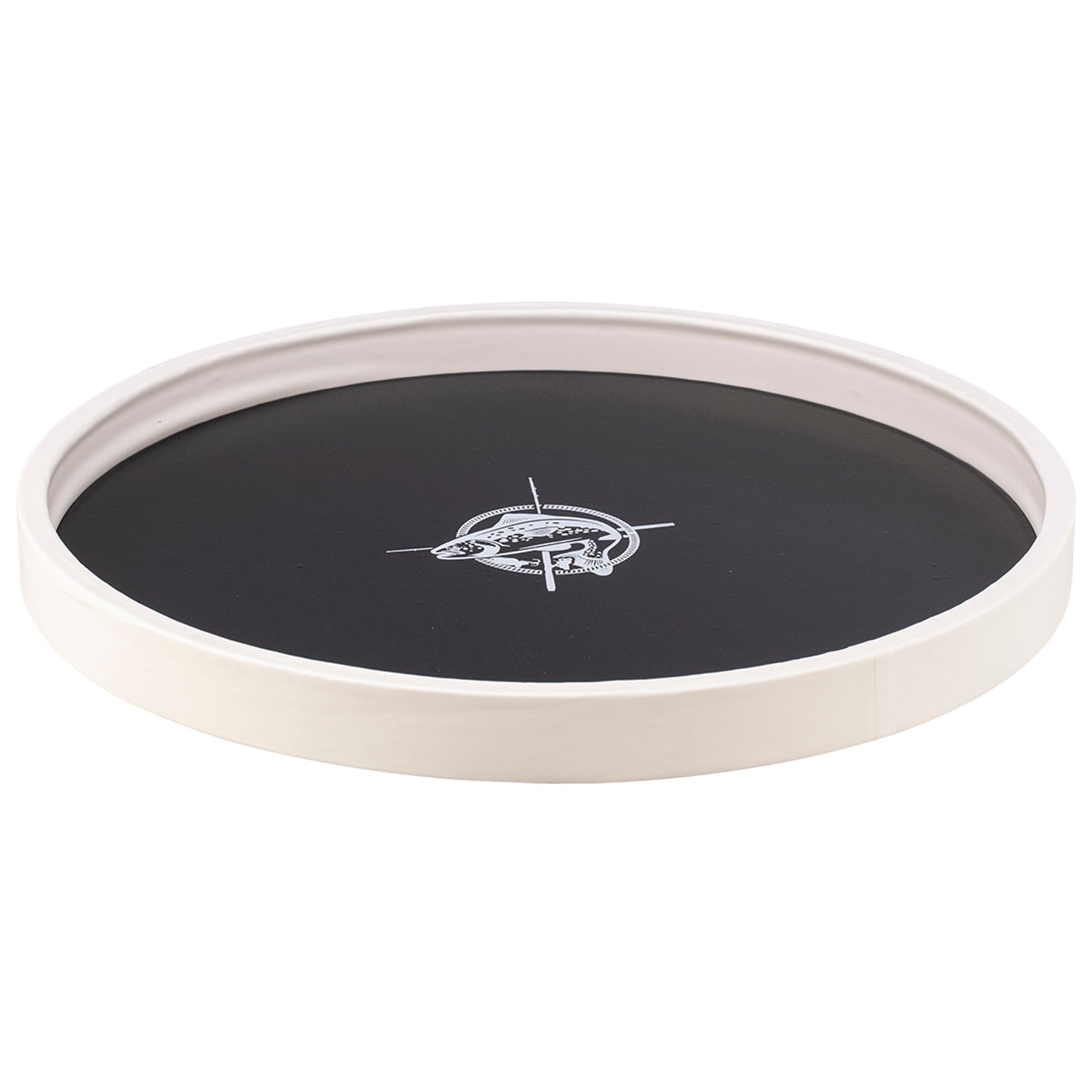 Black | Circular tray featuring a minimalist white fish design, shown against a clean white backdrop.