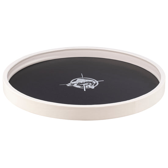 Black | Circular tray featuring a minimalist white fish design, shown against a clean white backdrop.