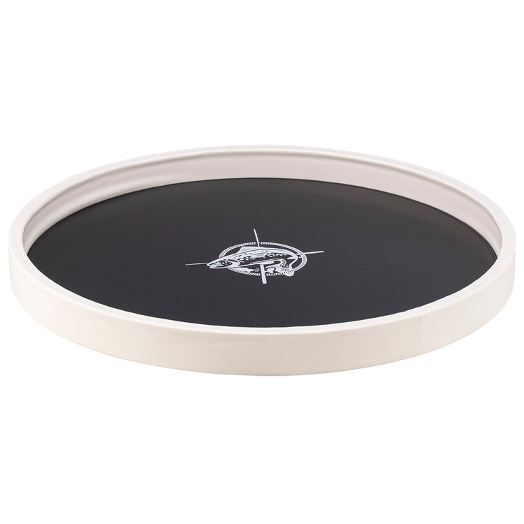 Black | Circular tray featuring a minimalist white fish design, shown against a clean white backdrop.