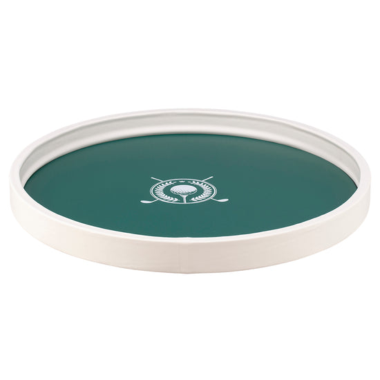 Tropic Green | Circular tray featuring a golf-themed design with crossed clubs and a ball, shown against a white backdrop.