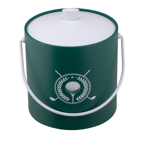 Tropic Green | Ice bucket with a sporty white golf-themed graphic, including clubs and a ball, placed on a white surface.