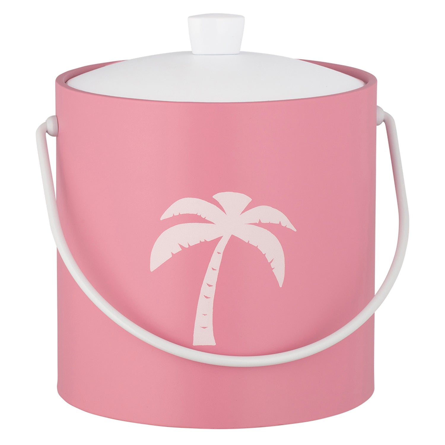 Pink | Beach-themed ice bucket with a white palm tree artwork in the center, placed on a white surface.