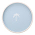 Light Blue | Round serving tray with a white palm tree decal in the center, displayed on a white background.