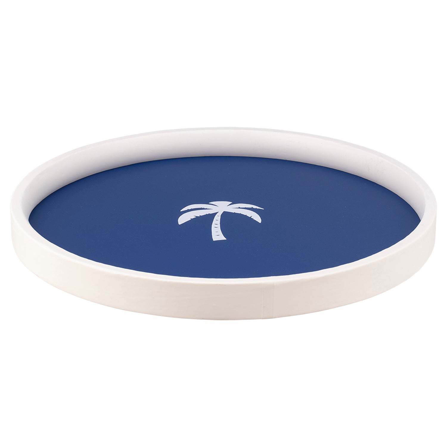 Royal Blue | Coastal-themed round tray with palm tree artwork in the center, displayed on a white background.