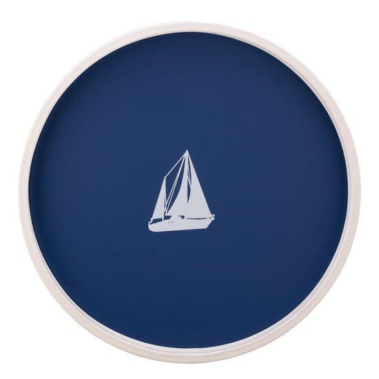 Royal Blue | Round serving tray with a white sailboat decal centered, displayed on a plain white background.
