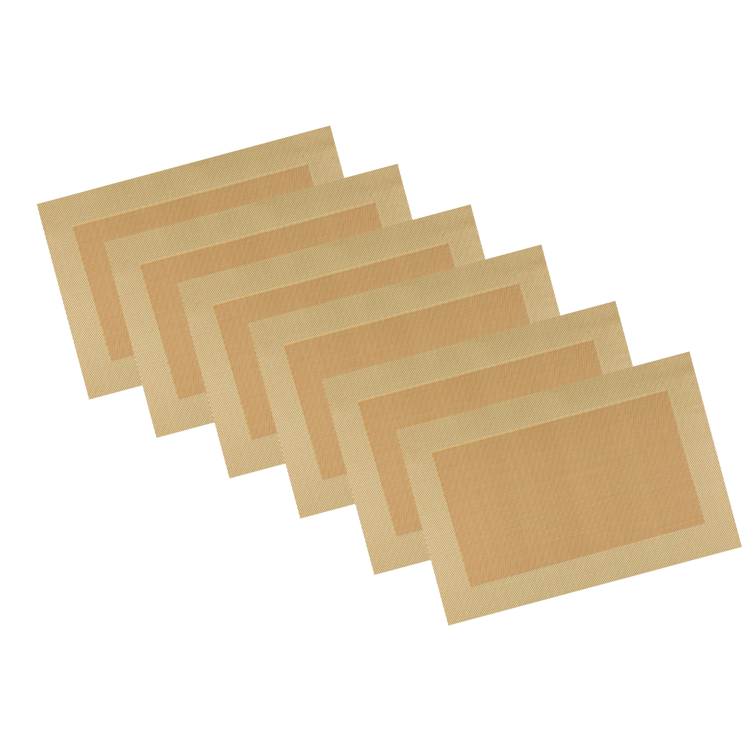 Gold | Two-tone placemats in a stack, highlighting their durable woven design.